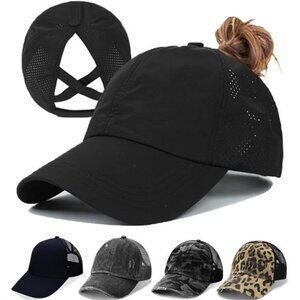 Womens Criss Cross Ponytail Baseball Cap Washed Distressed Messy Bun Hat